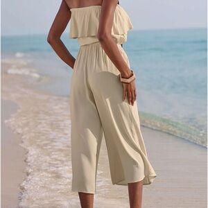 VENUS Strapless Ruffle Wide-Leg Jumpsuit in Cream